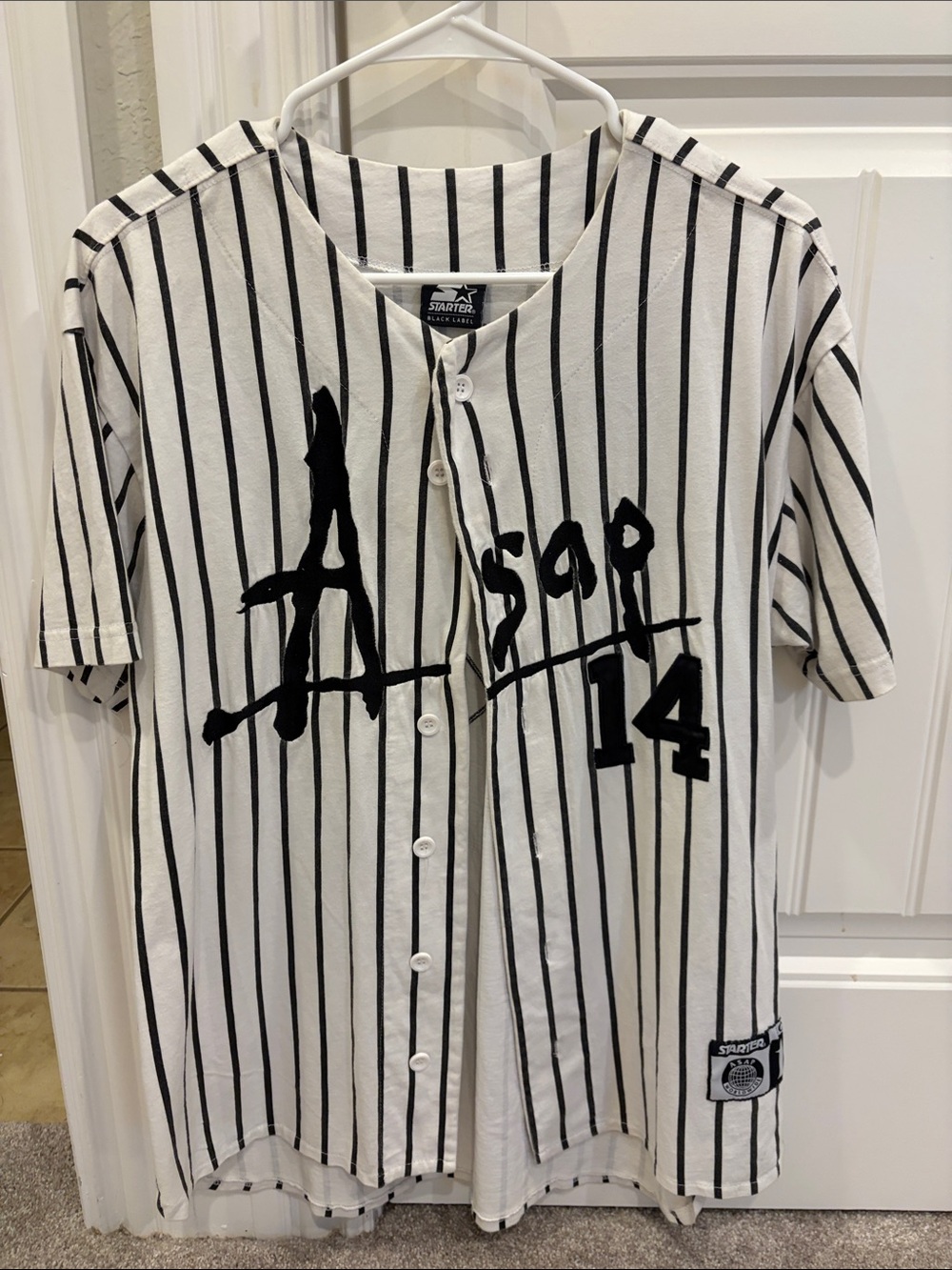 STARTER A$AP Rocky White and Black Pinstripe Baseball Jersey with Graphic 14